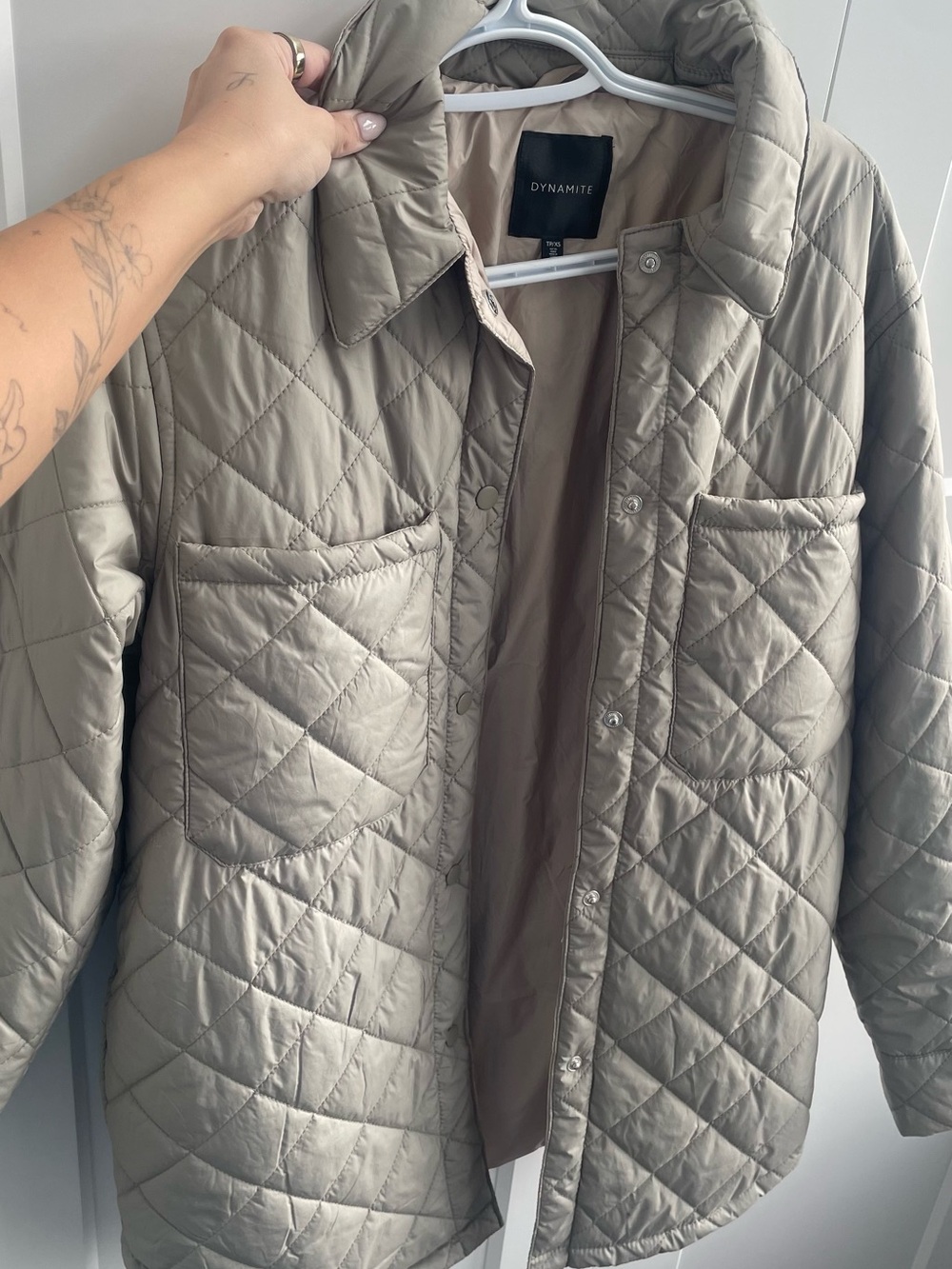 Dynamite Quilted Shacket in Light Taupe